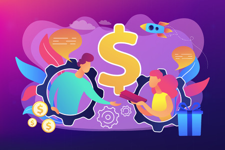 Salesperson trying to persuade customer in buying product. Personal selling, face-to-face selling technique, sales method trends concept. Bright vibrant violet vector isolated illustrationのイラスト素材