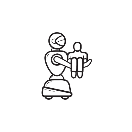Medical robot carrying patient hand drawn outline doodle icon. Medical help, robot assistance concept. Vector sketch illustration for print, web, mobile and infographics on white background.のイラスト素材