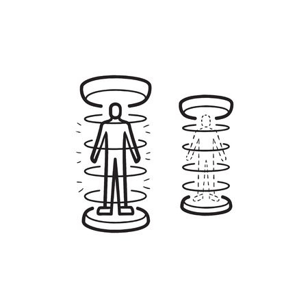Human teleportation hand drawn outline doodle icon. Future technology, human teleportation research concept. Vector sketch illustration for print, web, mobile and infographics on white background.のイラスト素材