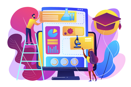 Educational courses management software on computer screen. Learning management system, educational technology, online learning delivery concept. Bright vibrant violet vector isolated illustrationのイラスト素材
