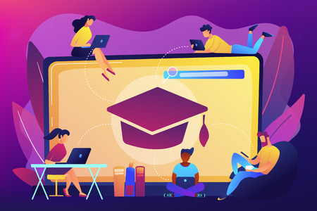 Students with laptops studying and huge laptop with graduation cap. Free online courses, online certificate courses, online business school concept. Bright vibrant violet vector isolated illustrationのイラスト素材