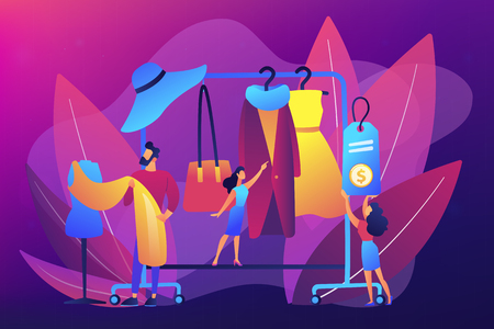Main master designer creating fashion clothes designs and hanging it on coat rack. Fashion house, clothing design house, fashion production concept. Bright vibrant violet vector isolated illustrationのイラスト素材