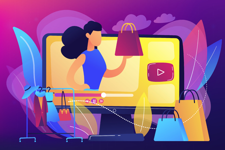 Fashion blogger review video fashionable purchase and clothes hanger. Fashion blog, shopping blogging, fashion blogger job concept. Bright vibrant violet vector isolated illustrationのイラスト素材