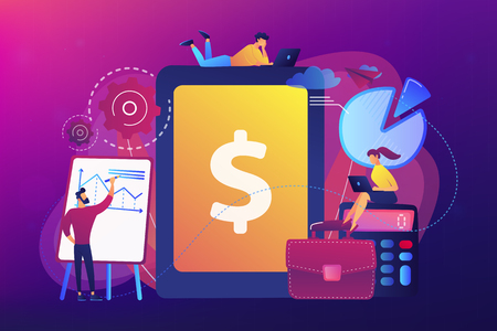 Accountants work with financial transactions software and tablet. Enterprise accounting, IT accounting system, smart enterprise tools concept. Bright vibrant violet vector isolated illustrationのイラスト素材