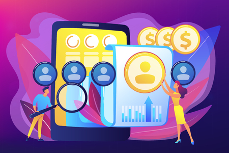 Specialists manage mobile expenses. Mobile expense management, expense management system, mobile device management and mobile network concept. Bright vibrant violet vector isolated illustrationのイラスト素材