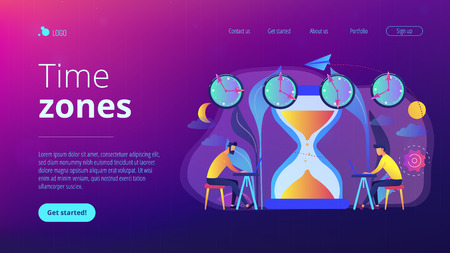 Busy businessmen with laptops near hourglass working in different time zones. Time zones, international time, world business time concept. Website vibrant violet landing web page template.のイラスト素材
