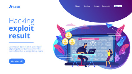 Hacker gathering target individuals sensitive data and making it public. Doxing, gathering online information, hacking exploit result concept. Website vibrant violet landing web page template.のイラスト素材