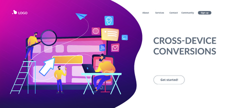 IT specialist identify user across mobile, laptop and tablet. Cross-device tracking and capability, cross-device using concept on white background. Website vibrant violet landing web page template.のイラスト素材