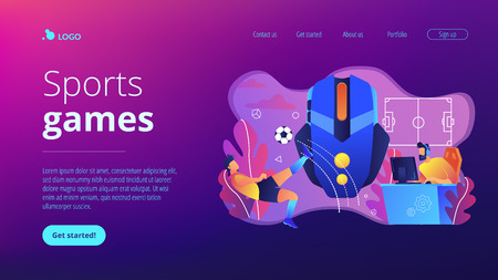 Gamer with headset at computer taking part in online footbal tournament. Sports games, online footbal tournament, e-game championship concept. Website vibrant violet landing web page template.のイラスト素材
