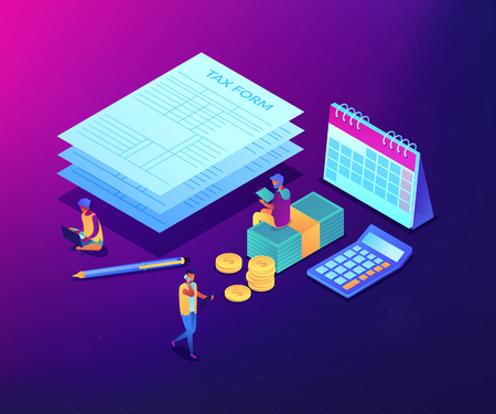 Businessmen and accountant filling and calculating financial document form. Tax form, income tax return, company tax payment concept. Ultraviolet neon vector isometric 3D illustration.のイラスト素材