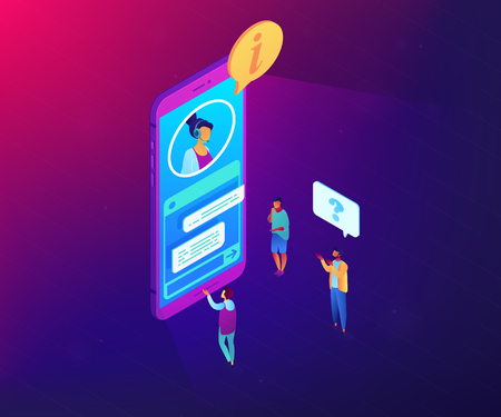 Customers asking for information electronic support in mobile phone. Customer self-service, e-support system, electronic customer support concept. Ultraviolet neon vector isometric 3D illustration.のイラスト素材