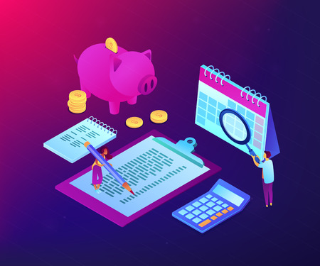 Business people doing financial calculations, calendar and piggy bank. Budget planning, balanced budget, company budget management concept. Ultraviolet neon vector isometric 3D illustration.のイラスト素材