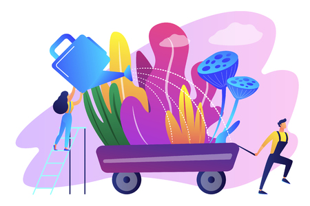 Landscape designer and gardener watering decorative plants on cart with water can. Landscape design, landscape planning, gardening services concept. Bright vibrant violet vector isolated illustrationのイラスト素材