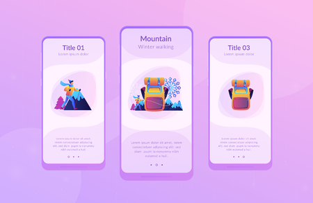 Hiker in warm clothes walking in the mountains in winter and a huge backpack. Winter hiking, hiking warm clothing, mountain winter walking concept. Mobile UI UX GUI template, app interface wireframeのイラスト素材