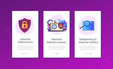 Developers, robot work at laptop with magnifier. Industrial cybersecurity, industrial robotics malware, safeguarding of industrial robotics concept. Mobile UI UX GUI template, app interface wireframeのイラスト素材