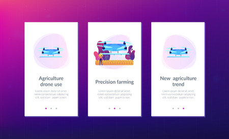 Smart farmer controlling agriculture drone spraying or watering crops. Agriculture drone use, precision farming, new agriculture trend concept. Mobile UI UX GUI template, app interface wireframeのイラスト素材