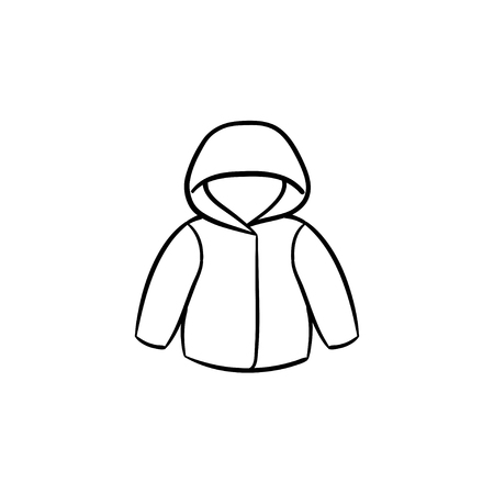 Child rain coat hand drawn outline doodle icon. Warm child coat or jacket for stormy weather vector sketch illustration for print, web, mobile and infographics isolated on white background.のイラスト素材