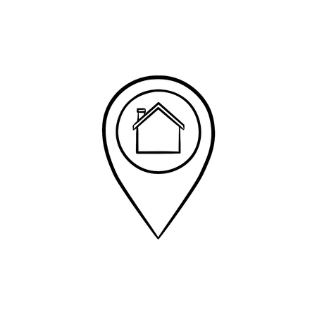 Location pin with house inside hand drawn outline doodle icon. Real estate, navigation, find place concept. Vector sketch illustration for print, web, mobile and infographics on white background.のイラスト素材