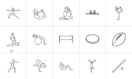 Sport hand drawn outline doodle icon set. Outline doodle icon set for print, web, mobile and infographics. Fitness, yoga and sports vector sketch illustration set isolated on white background.のイラスト素材