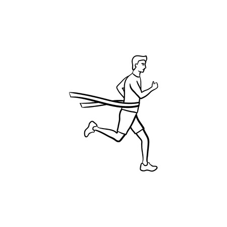 Race leader crossing finishing tape hand drawn outline doodle icon. Race winner, marathon victory concept. Vector sketch illustration for print, web, mobile and infographics on white background.のイラスト素材