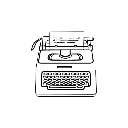 Typewriter with paper hand drawn outline doodle icon. Story writting and author, writer equipment concept. Vector sketch illustration for print, web, mobile and infographics on white background.のイラスト素材