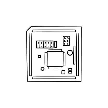 Circuit board hand drawn outline doodle icon. Computer chip and processor, high tech, hardware concept. Vector sketch illustration for print, web, mobile and infographics on white background.のイラスト素材