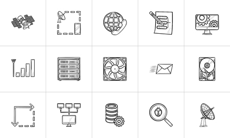 Computer technology hand drawn outline doodle icon set. Outline doodle icon set for print, web, mobile and infographics. Network, antenna vector sketch illustration set isolated on white background.のイラスト素材