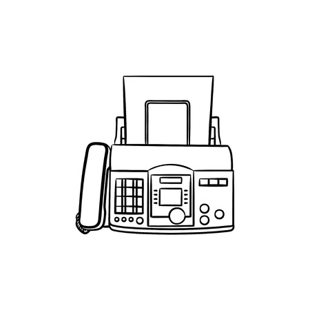 Fax machine with a sheet of paper hand drawn outline doodle icon. Business communication technology concept. Vector sketch illustration for print, web, mobile and infographics on white background.のイラスト素材
