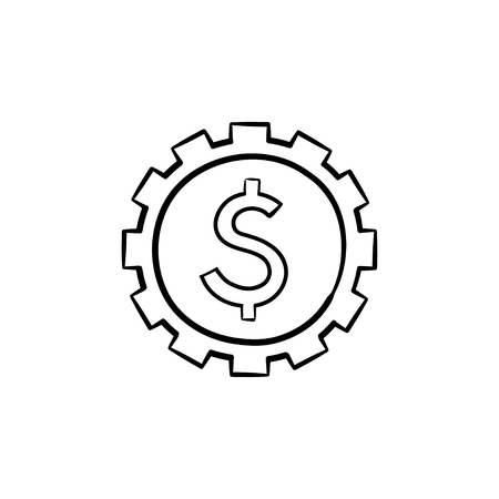 Cog with dollar inside hand drawn outline doodle icon. Making money and finance, investment and economy concept. Vector sketch illustration for print, web, mobile and infographics on white background.のイラスト素材