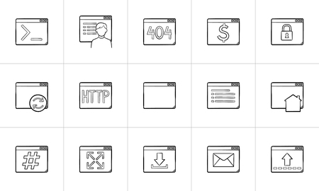 Browser windows hand drawn outline doodle icon set. Outline doodle icon set for print, web, mobile and infographics. Website and coding vector sketch illustration set isolated on white background.のイラスト素材