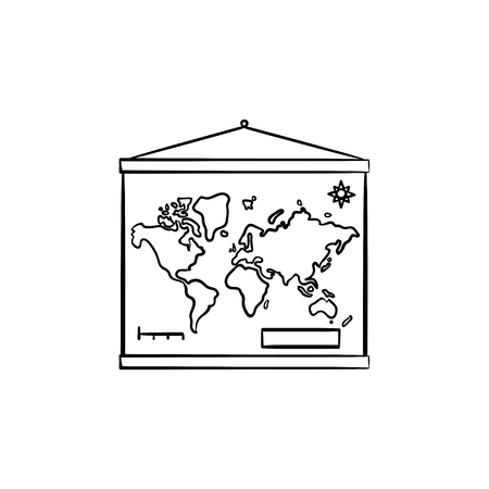 World map hanging on the wall hand drawn outline doodle icon. Geography and knowledge, education concept. Vector sketch illustration for print, web, mobile and infographics on white background.のイラスト素材