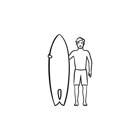 Surfer standing with surfboard hand drawn outline doodle icon. Professional surfer, outdoor activity concept. Vector sketch illustration for print, web, mobile and infographics on white background.のイラスト素材