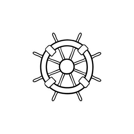 Ship steering wheel hand drawn outline doodle icon. Navigation, helm and rudder, nautical equipment concept. Vector sketch illustration for print, web, mobile and infographics on white background.のイラスト素材
