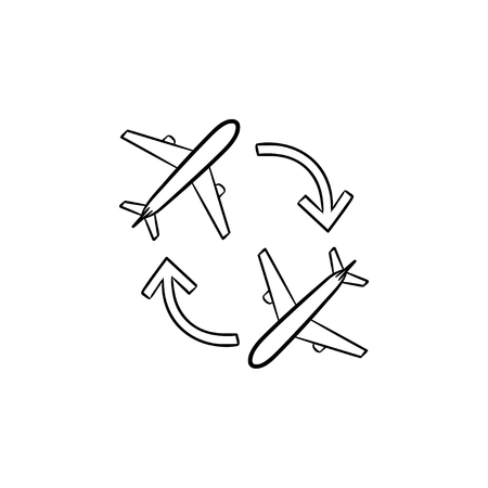 Round trip planes and arrows hand drawn outline doodle icon. Plane trip, travel and airlines, tourism concept. Vector sketch illustration for print, web, mobile and infographics on white background.のイラスト素材