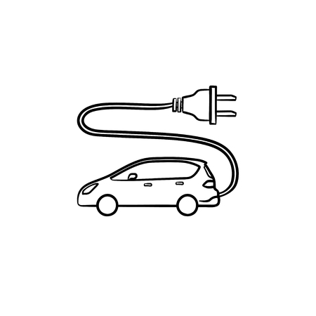 Electric car with plug hand drawn outline doodle icon. Eco car charging and recharge, green drive concept. Vector sketch illustration for print, web, mobile and infographics on white background.のイラスト素材