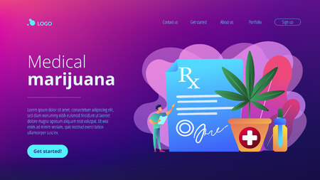 Doctor showing prescription for medical marijuana, bottle with cbd oil. Medical marijuana, medical cannabis, cannabinoids medicinal drugs concepts. Website vibrant violet landing web page template.のイラスト素材
