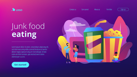 Business people eating hamburgers and drinking soft drinks near huge junk food. Snacking non-stop, junk food eating, reduce cholesterol use concept. Website vibrant violet landing web page template.のイラスト素材