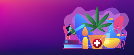 Hemp seed oil used as pain relief medicine in pharmacy and for cooking dishes. Hemp seed oil, CBD oil use, cannabis plant pharmacy concept. Header or footer banner template with copy space.のイラスト素材