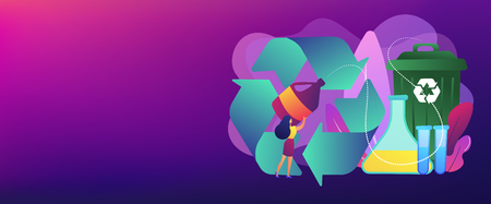 Businesswoman recycling plastic detergent bottle to produce chemicals. Chemical recycling, plastics recycling method, polymeric wastes reuse concept. Header or footer banner template with copy space.のイラスト素材