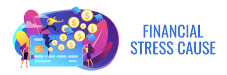 Businessman running on credit card and dollar coins with wings flying away. Overspending, financial stress cause, spend beyond the income concept. Header or footer banner template with copy space.のイラスト素材