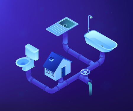House sewage system with pipes, sink, bath and toilet. Sewerage system, domestic wastewater service, sewer system technologies concept. Ultraviolet neon vector isometric 3D illustration.のイラスト素材