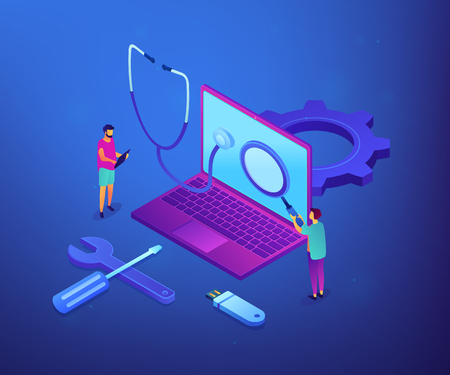 Computer technicians repair laptop with magnifier, stethoscope and tools. Computer service, laptop repair center, notebook setup service concept. Ultraviolet neon vector isometric 3D illustration.のイラスト素材