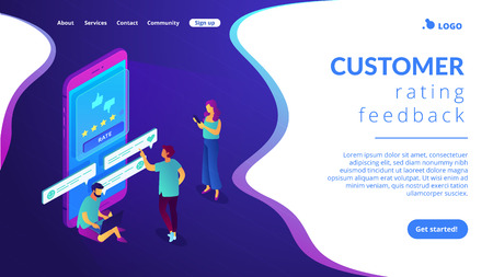 Clients writing and reading feedback on mobile phone. Customer feedback, customer rating feedback, customer relationship management concept. Isometric 3D website app landing web page templateのイラスト素材