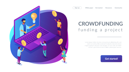 Businessman with idea on laptop rasing money via internet to support project. Crowdfunding, crowdsourcing project, alternative financing concept. Isometric 3D website app landing web page templateのイラスト素材