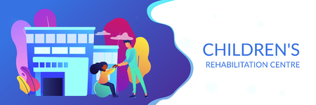 Physiotherapist and child gets treatment. Childrens rehabilitation centre, kids rehabilitation service, coordination and educational support concept. Header or footer banner template with copy space.のイラスト素材