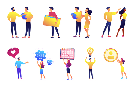 Business people meeting and discussion vector illustrations set. Business conference and training, teamwork and collaboration, brainstorm and idea concept. Vector illustrations set isolated on white background.のイラスト素材