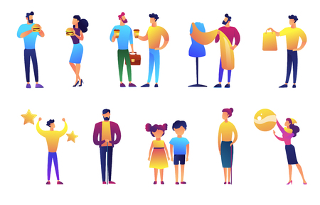 People of different generations and businessmen vector illustrations set. Lunch break, elderly people and kids, business people and shopping. Vector illustrations set isolated on white background.のイラスト素材