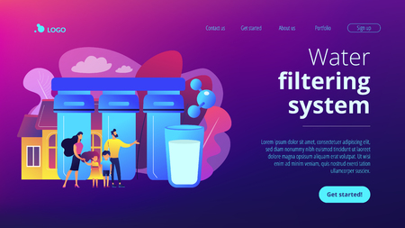 Family with kids use home purification filters to lower contamination. Water filtering system, home water treatment, water delivery service concept. Website vibrant violet landing web page template.のイラスト素材