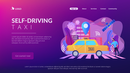 Businessman with smartphone taking driverless taxi with sensors and location pin. Autonomous taxi, self-driving taxi, on-demand car service concept. Website vibrant violet landing web page template.のイラスト素材