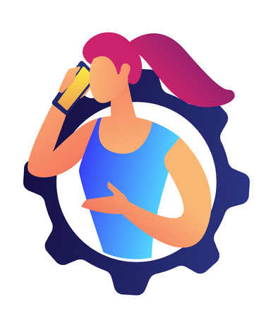 Businesswoman talking on the mobile phone in gear vector illustration. Smartphone conversation, manager and assistant, communication and technology concept. Isolated on white background.のイラスト素材